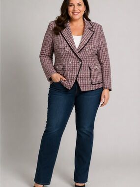 Veronica Beard Pink Houndstooth Double-Breasted Blazer with Black Trim